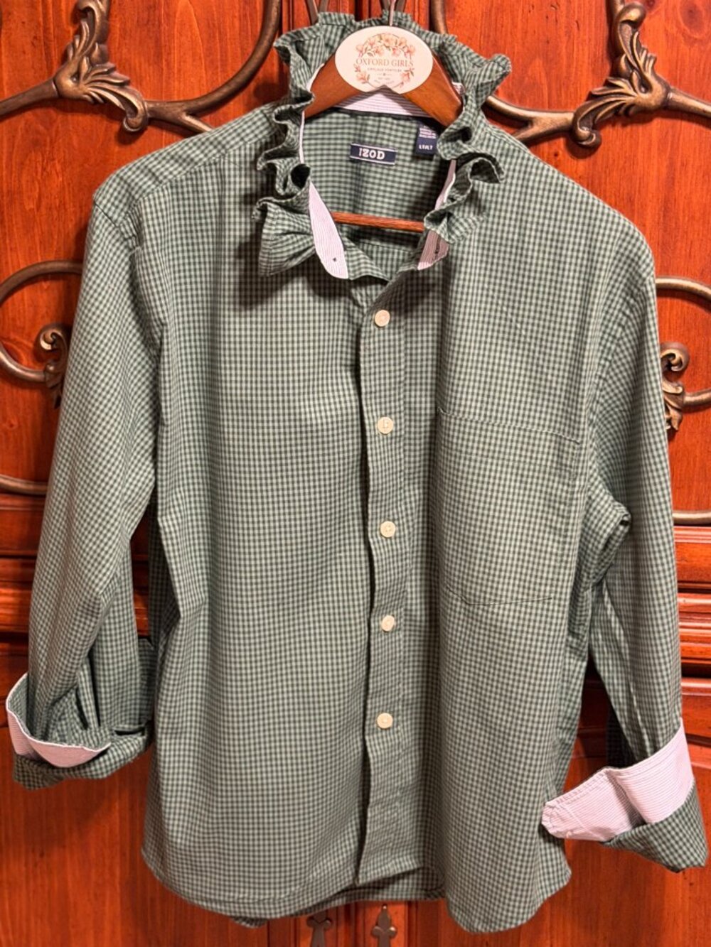 IZOD Upcycled Ruffle collar / Green & Navy micro check / XL